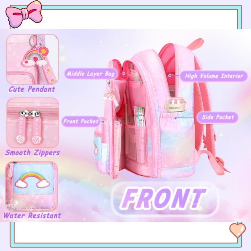 pisyae Girls Backpack,Rainbow Backpack for Girls-Kawaii Pink School Bookbag, Lightweight