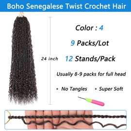 ZRQ 9 Packs Senegalese Twist Crochet Hair 24 Inch Pre Looped Synthetic Braiding Hair with Curly Ends Boho Island Twist Crochet Hair for Black Women 4#