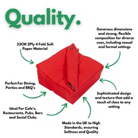 Red Napkins 125-4-Fold 2-ply 33 x 33cm Luncheon Napkins for Parties and Events - 125 Serviettes Red - Strong, Durable and Sleek Red Napkin