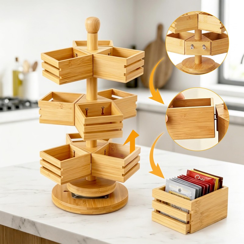 3-Tier Rotating Bamboo Tea Bag Organizer Carousel, Holds 108 Tea