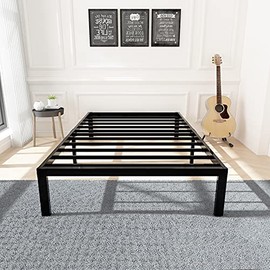 45MinST 3600lbs Heavy Duty Bed Frame,14 Inch Sturdy Steel Slat Mattress Foundation, Metal Reinforced Platform Box Spring Replacement, Easy Assembly with Quick Lock, Twin