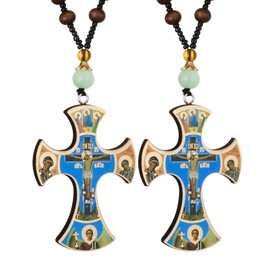 COTTVOTT Wood Rosary Beads Cross Necklace Men Prayer Eastern Orthodox Crucifix Jesus Pendant Necklace
