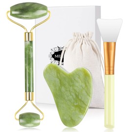 Jade Roller Set for Face, Gua Sha Stone Massage Set Face Massager Natural Scraping Stone Massage Tool with Mask Brush for Anti-Ageing