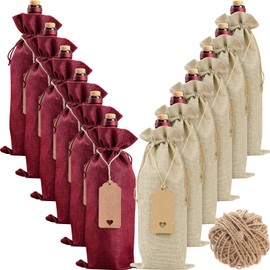 Aoonby Burlap Wine Bags, 12 Pcs Christmas Gift Bags Wine Bottle Covers with Drawstrings, Tags & Ropes, Reusable & Ideal for Christmas Holiday Wedding Birthday Travel Party Housewarming Storage