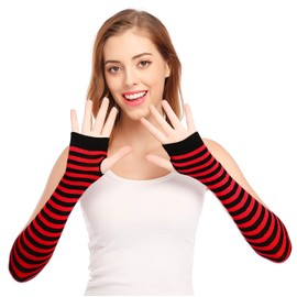 Punk Gothic Rock Long Arm Warmer Fingerless Gloves, Black Red, One Size
