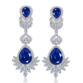 CWWZircons Big Blue Long Dangle Wedding Earrings for Brides Waterdrop Cubic Zirconia Luxury Statement Costume Jewelry