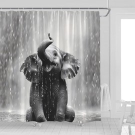 UOZXOML Elephant Shower Curtain African Funny Cute Wild Animal Playing in Rain Girls Boys Grey Fabric Bathroom Decor Curtains with Hooks,70 x 70