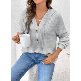 SHEWIN Women Fall Hoodies Half Button Up V Neck Sweatshirt Spring Hooded Sweatshirts Oversized Shirts 2025 Fashion Casual Tops US 20-22(2XL) Grey