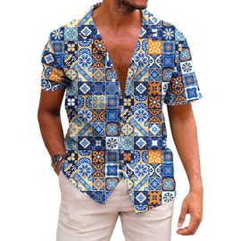 KYKU Floral Print Button Down Shirt Funny Hawaiian Shirts for Men, Blue, 3XL