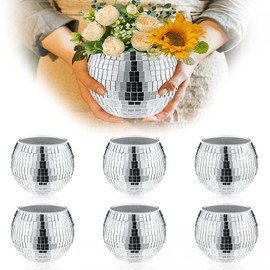 6 Pcs Disco Ball Vase,Silver Mirror Ball Disco Ball Planter 5" X 6" Glass Silver Candle Holder Disco Ball White Vases for Centerpieces Table Decorations Party Wedding Birthday Gift