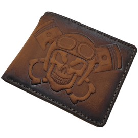 myledershop Genuine Buffalo Full Leather Wallet / Purse / Wallet in Landscape Format with 3D Skull Embossing and RFID & NFC Protection, 3D skull embossing/cognac, American