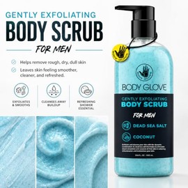 Body Glove Exfoliante corporal para hombres, exfoliante corporal de sal del mar muerto y coco, botella dispensadora, exfoliante corporal suave para du