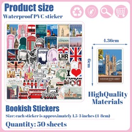 50PCS Travel Stickers for Kids,Adults,Waterproof Vinyl Travel London Stickers for Scrapbooking,Water Bottle Laptops Aesthetic Scrapbook Luggage Sticker School Rewards Party Favors