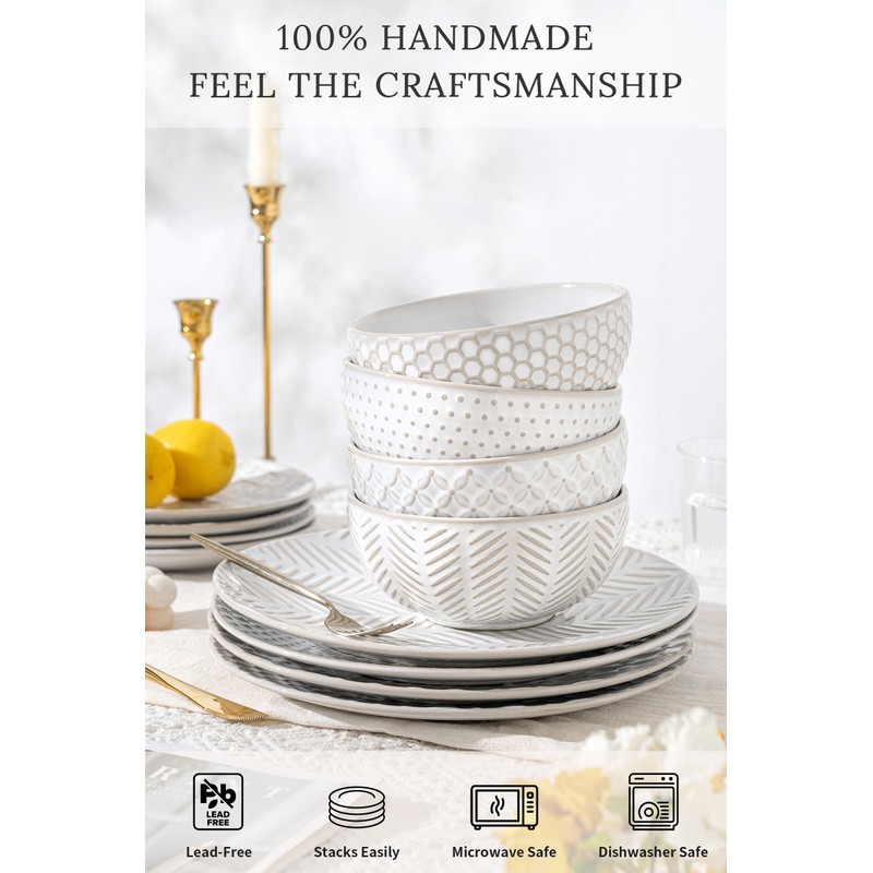 FOBENTA 18 Piece Embossed Dinnerware Sets for 6, Scratch-Resistant Plates