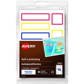 Avery Self-Laminating Waterproof Labels for Kids Gear, Lunch Boxes, 30 Labels, Assorted Colours, Assorted Shapes (2362), Primary