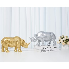 AMOIENSIS Rhinoceros Statue Symbol of Protection and Strength, 12 inch Resin Gold Boho Animal Home Office Bedroom Living Room Table Desk Fengshui Decor, House Warming Gifts for New Home
