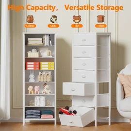 Furnulem White Tall Dresser for Bedroom with 7 Drawers, Vertical Chest of Drawer in Closet, Nightstand Storage Tower Unit Organizer with Fabric Bins for Dorm,Living Room,Entryway,Hallyway