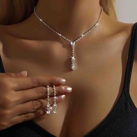 TseenYi Wedding Crystal Necklace Earrings Set Gold Rhinestone Lariat Necklace Saprkly CZ Tassel Drop Earrings Bridal Prom Costume Sets Tennis Choker Necklace Cubic Zirconia Lariat Necklace, Zinc