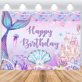 ASDCXZ Mermaid Birthday Photo Background 2.2 x 1.5 m, Under the Sea Purple Mermaid Castle Pearl Photography Background Princess Girls Birthday Party Decoration Banner Studio Props