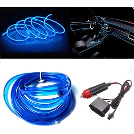 MaxLax El Wire Blue Interior Car LED Strip Lights, 5m neon Wire 12V with Fuse Protection for Automotive Car Interior Decoration with 6mm Sewing Edge