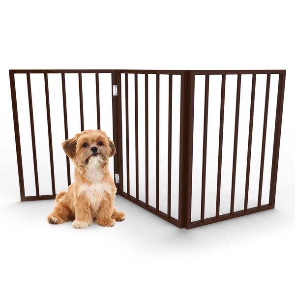 3-Panel Indoor Foldable Dog Fence for Stairs, Hallways, or Doorways - 54x24-Inch Wood Freestanding Dog Gates by PETMAKER (Brown)