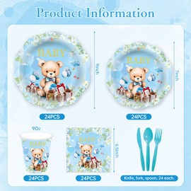 168 PCS Blue Bear Baby Shower Decorations Party Tableware Set-Paper Plate,Napkins,Cups,Fork,Knife and Spoon Party Decorations Supplies for Birthday and Wedding | 24 Guests