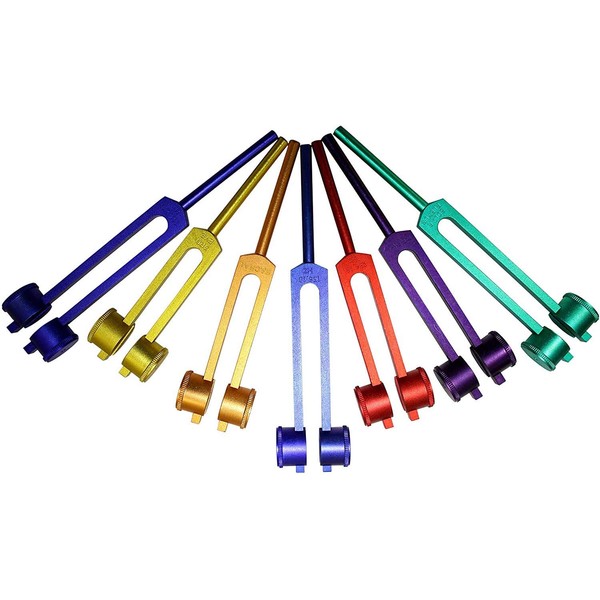 Radical Colored Coded Therapeutic Weighted Chakra and Soul Healing Tuning Forks w Long Holding Stem in Velvet Storage Pouch & Activator