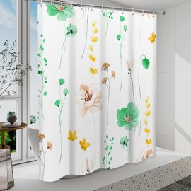 WITHLOC Shower Curtain Watercolor Flower Shower Curtain Sets - Spring Light Green Floral Plant Shower Curtains for Bathroom, Washable Modern Farmhouse Decor, 72 x 72