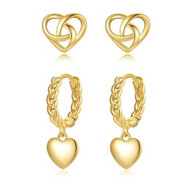 STAYLOVE Small Gold Heart Dangle Earrings for Women Dainty 14k Real Gold Plated Huggie Hoops Hypoallergenic Heart Stud Earrings for Women Mini Gold Heart Earrings Set