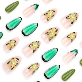Press on Almond Nails Medium Length Acrylic Glossy Full Cover Pointed Almond French False Nails with Designs Artificial Almond Fake Nails with Charms Glue Stick ons Fingernails for Women(JP3477)