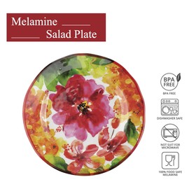 UPware Pink Floral Melamine Salad Plate Set, Round Plates for Risotto, Pasta, and Salad, BPA-Free, Dishwasher Safe, Multicolor, 9 Inch, Set of 6