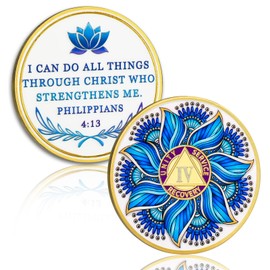 Blue Lotus 4 Year Sobriety Coin - Recovery & Growth AA Medallion, Recovery Chip with Bible Verses, Alcohol Free Anniversary Celebration AA Coin, Clean Living Sobriety Gifts for Men Women