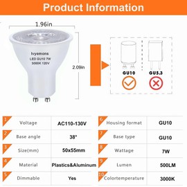 Ivyemons 3-Pack GU10 MR16 LED Bulb Dimmable, 3000k Warm White, Energy Efficient 7W Equivalent 50W Traditional Bulbs, GU10 Base, Replacement for Recessed Track Lighting