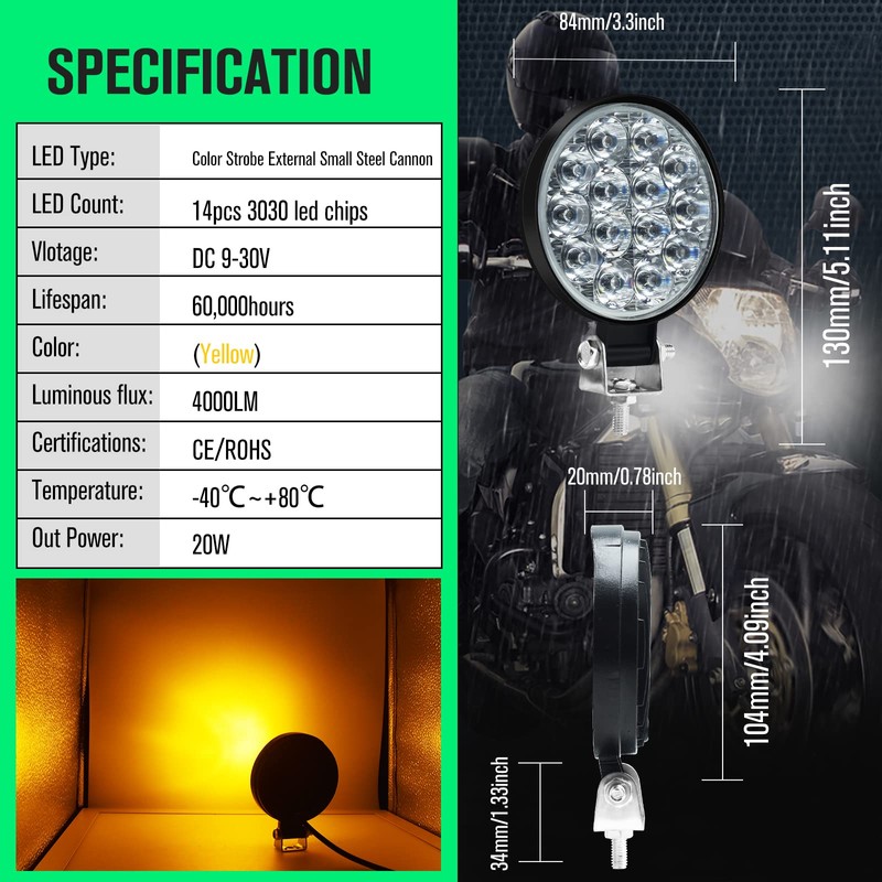HONLEEX 2Pcs 3.4'' Round Off Road Lights Amber/3000K,14 LEDs 17w