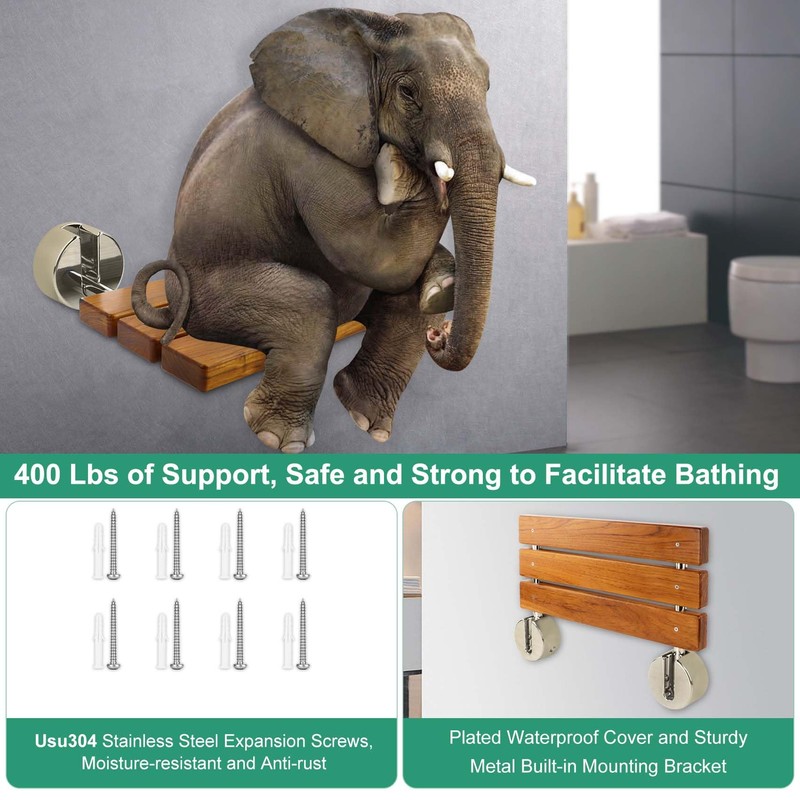 20 Inchs Teak Folding Shower Seat Wall Mounted, Fold Down