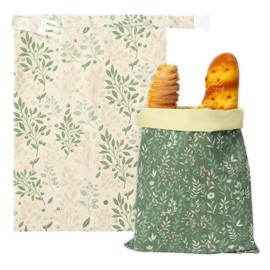 GQIRIL Reusable Beeswax Bread Bags - 2 Pack Bees Wax Food Bag, Homemade Sourdough Bread Storage, 2-in-1 Linen Cotton Large Freezer Container Home Baking Accessories with Lining (Green Leaf)