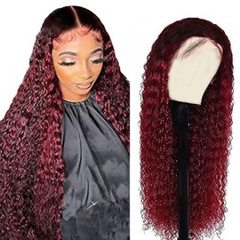 Weeybay Real Hair Wig for Women Wigs Curly Wave Human Hair Wig 4x4 Lace Closure Wig Ombre Black to Burgundy Colour 150% Density Unprocessed Brazilian Remy Hair Glueless Wig 24 Inches (61 cm)