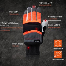YARDMARIS Chainsaw Gloves, 1 Pair Anti-Cut Safety Leather Work Gloves, 12-Layer Chainsaw Protection on Left Hand Back - Small