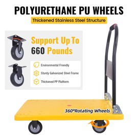 LFGUD Hand Cart 660 lbs, Push Cart Dolly Yellow, Capacity Platform Truck Foldable Platform Upgraded Heavy Duty Moving Cart with PU Wheels for Home Garden Warehouse Garage Workshops
