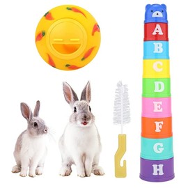 Taicols 9pcs Stack Up Bunny Cups with 1pc Treat Ball, Colored Bunny Stacking Cups with Cleaning Brush Bunny Toys Food Dispenser for Rabbits Plastic Nesting Toys Cups for Pets.