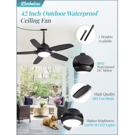 42 Inch Waterproof Outdoor Ceiling Fan with Lights and Remote,IP65 Hanging Gazebo Fan with 3CCT 6-Speed DC Motor,Black Wet Rated Plug in Ceiling Fan with Cord for Patios Porch Pergola