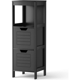 LUARANE Bathroom Floor Storage Cabinet, Wooden Side Storage Organizer Cabinet with 2 Removable Drawers 1 Open Shelf, Narrow Free Standing Sideboard for Entryway Living Room Kitchen (Black)