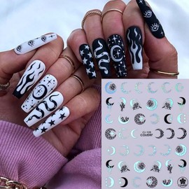 Valentine's Day Nail Art Sticker Decals 3D Self-Adhesive Laser Silver Sun Moon Girls Flower Design Nail Decals Festival Nail Art Supplies Line Snake Nail Art Sticker for Women Manicure Decoration
