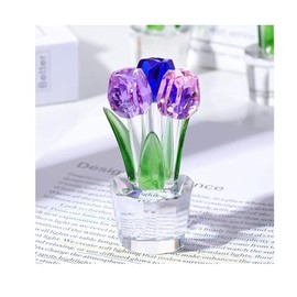 Yuelulala Crystal Multicolor Tulips Bouquet Figurine Collectible Gifts for Women, Glass Colourful Tulips Flower Centrepiece Ornaments for Christmas Birthday Home Decor Keepsake (A89-1)