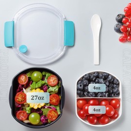 CherHome Salad Container for Lunch，Divided Bento Box Lunch Box for Fresh Meals, Leak Proof Seal, Dishwasher & Microwave Safe, 35oz. BPA-Free Lunch Box with 2-Compartment Toppings Tray for On-the-Go