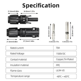 10AWG Solar Panel Connectors IP68 Waterproof 1500V 70A Solid Tinned Copper Terminal Black 5 Pairs for Solar PV Cable(6mm²)