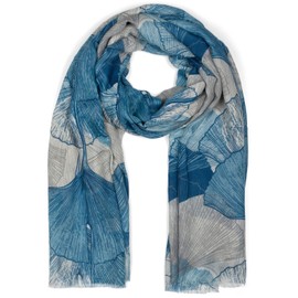 styleBREAKER 01016208 Women's Scarf with Coloured Ginkgo Leaves Pattern Print and Short Fringes, Lightweight Scarf, Stole, blue-white