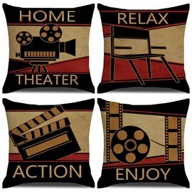 Movie Theater Decor Pillow Covers 4 Pack OKFCUS Vintage Cinema Home Theater Decor Throw Pillows Case Cushion Cover for Sofa