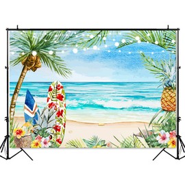 Summer Hawaiian Beach Backdrop for Photography Tropical Flower Palm Tree Surfboard Background for Luau Aloha Theme Party Decoration Banner (82"x59")