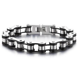 COOLSTEELANDBEYOND Masculine Mens Bike Chain Bracelet of Stainless Steel, Motorcycle Chain, Black Silver Two-Tone, Length 8.07", Width 0.43", Metal, no gemstone